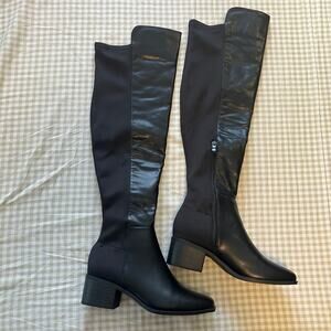 Black fake leather knee high heeled boots, size 6.5, quiet luxury classic
